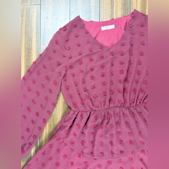 NWOT Midi Dress M Burgundy Long Sleeve Chiffon Elastic Waist Cute Guest Holiday - Picture 3 of 8
